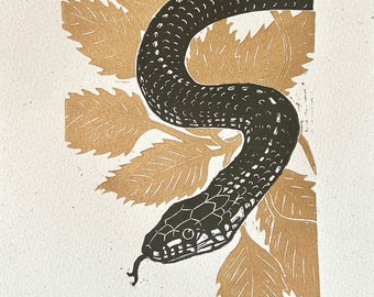 Two colour snake original linocut print on handmade paper.