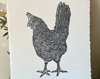 Chicken art. Original linocut relief print. Hand made.