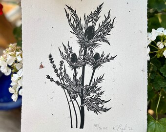 Last four available. Limited edition Linocut print. Sea Holly Thistle. Flower art. Botanical print. Handmade.