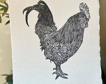 Art du coq. Impression originale en relief sur linogravure. Oeuvres d'art. Fabriqué à la main.