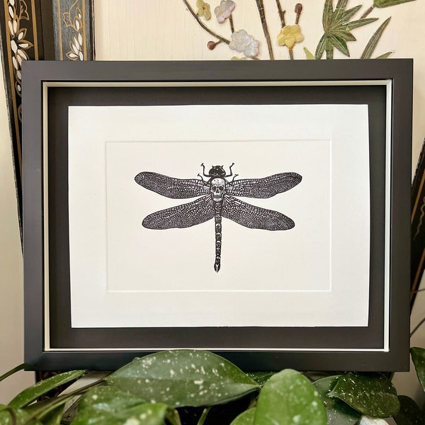 Dragonfly with skulls. Entomology Art. Original handmade linocut print on handmade paper.