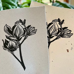 Magnolia tree flower. Open edition, original linocut relief print on handmade recycled paper. 10x13”