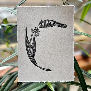 Lily of the Valley original linocut print. May birth month flower. Botanical art.