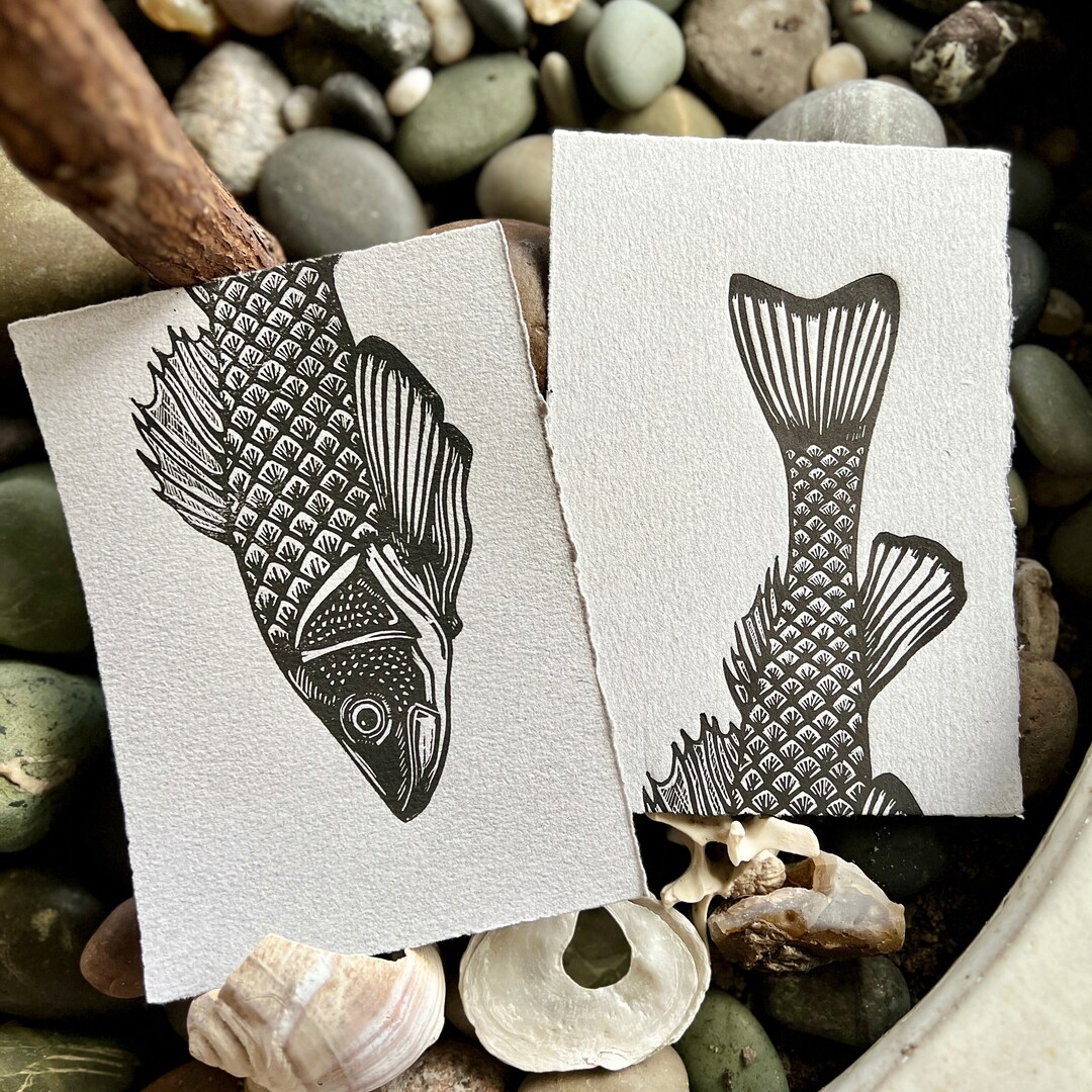 Fish Linocut Print Packs. Two 5x7 Perch Fish Prints. Handmade, Original ...