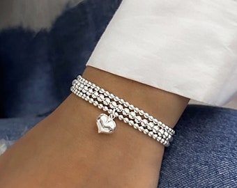 3mm Bracelet with Puff Heart Charm, Sterling Silver Heart Charm Bracelet, 925 Sterling Silver Stretch Bracelet, Stacked Bracelets