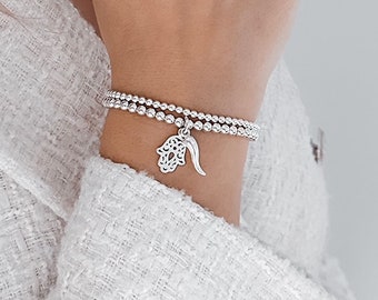 925 Sterling Silver Hamsa & Cornetto Bracelet, Italian Horn Bracelet, Hamsa Bracelet, Stacked Bracelets