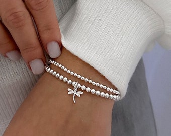 925 Sterling Silver Stretch Dragonfly Charm Bracelet, Dragonfly Bracelet, Silver Charm Bracelet