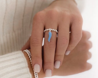 925 Sterling Silver Blue Cornetto Stretch Charm Ring, Italian Horn, Silver Rings, Stacked Rings