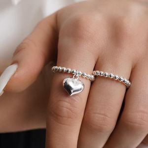925 Sterling Silver Stretch Heart Charm Ring, Heart Charm, Women&#39;s Rings, Charm Rings