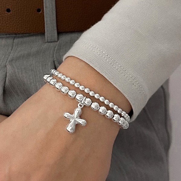 925 Sterling Silver Stretch Charm Bracelet, Sterling Silver Cross Bracelet, Sterling Silver Religious Bracelet, Bracelet, Cross