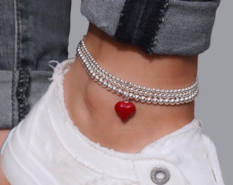 925 Sterling Silver Red Puff Heart Charm Anklet, Red Heart Charm Anklet, Sterling Silver Anklet, Anklet, Heart Anklet