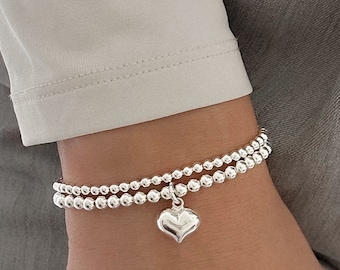 4mm Bracelet with Puff Heart Charm, Sterling Silver Heart Charm Bracelet, 925 Sterling Silver Stretch Bracelet, Stacked Bracelets
