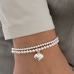 4mm Bracelet with Puff Heart Charm, Sterling Silver Heart Charm Bracelet, 925 Sterling Silver Stretch Bracelet, Stacked Bracelets