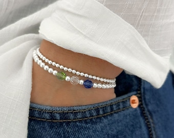 925 Sterling Silver Swarovski Birthstone Bead Bracelets, Sterling Silver Stretch Bracelet, Birthstone Bracelet, Stacked Bracelets