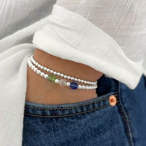 925 Sterling Silver Swarovski Birthstone Bead Bracelets, Sterling Silver Stretch Bracelet, Birthstone Bracelet, Stacked Bracelets