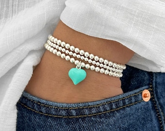 925 Sterling Silver Turquoise Puff Heart Charm Bracelet, Turquoise Heart Charm Bracelet, Heart Charm Bracelet, Stacked Bracelets