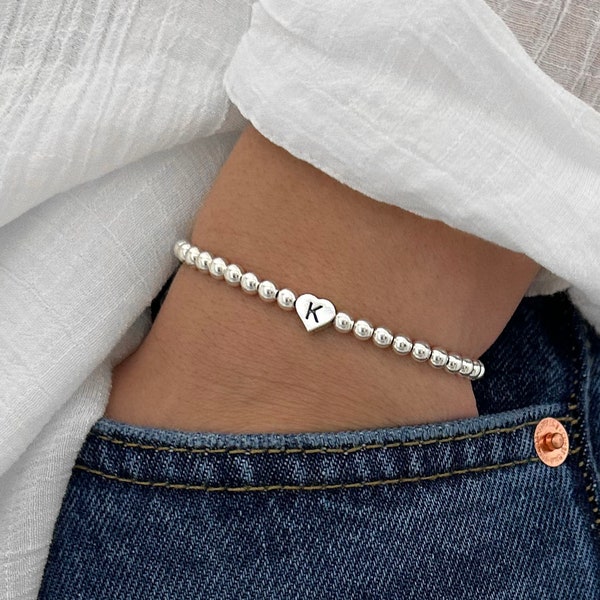 925 Sterling Silver Heart Initial Bracelet, Sterling Silver Stretch Bracelet, Initial Bracelet, Stacked Bracelets