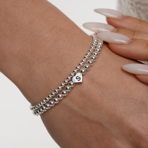 925 Sterling Silver Heart Initial Bracelet, Sterling Silver Stretch Bracelet, Initial Bracelet, Stacked Bracelets