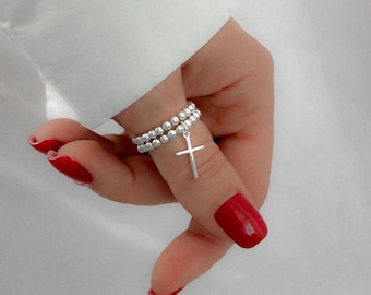 925 Sterling Silver Stretch Cross Charm Ring, Cross Charm Ring, Stacked Rings, Women's Rings, Charm Rings