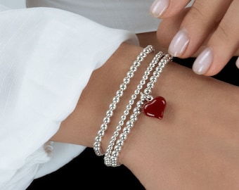 925 Sterling Silver Red Puff Heart Charm Bracelet, Red Heart Charm Bracelet, Heart Charm Bracelet, Stacked Bracelets