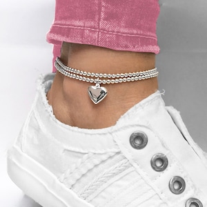 925 Sterling Silver Stretch Large Heart Anklet, Sterling Silver Anklet, Anklet, Silver Heart Anklet