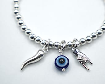 925 Sterling Silver Cornetto, Blue Evil Eye & Mano Cornuto Bracelet, Italian Horn Bracelet, Italian Hand, Malocchio Bracelet, Evil Eye