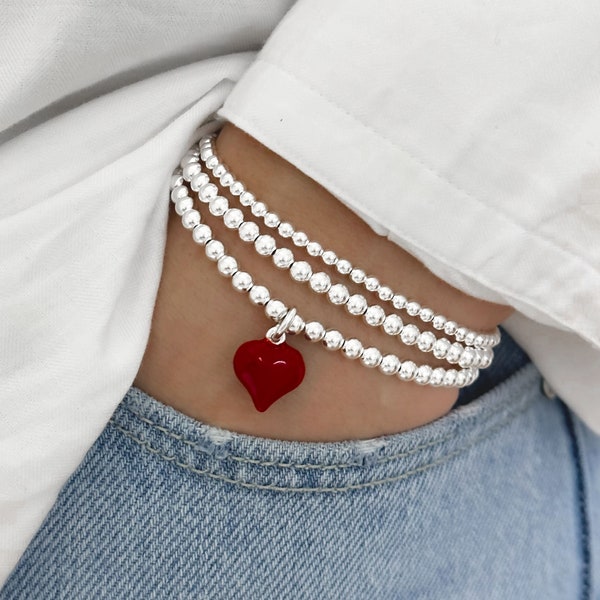 925 Sterling Silver Red Puff Heart Charm Bracelet, Red Heart Charm Bracelet, Heart Charm Bracelet, Stacked Bracelets