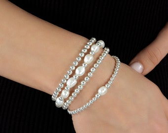 Freshwater Pearl 925 Sterling Silver Bracelets, Sterling Silver Bracelets, Pearl Bracelets, Stacked Bracelets