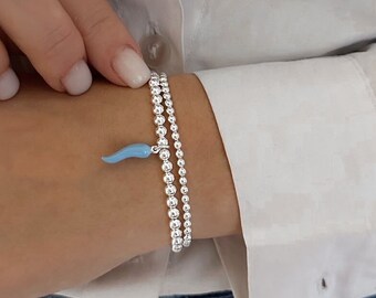 925 Sterling Silver Blue Cornetto, Italian Horn Bracelet, Malocchio Bracelet, Stacked Bracelets
