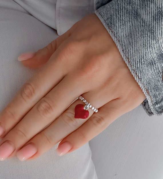 925 Sterling Silver Stretch Red Puff Heart Charm Ring Heart Charm Ring Heart Charm Women s Rings Charm Rings