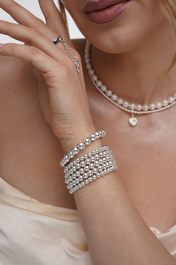 TINGN Bracciale Donna Argento 925 – Semplice, Impilabile, Eterno, Perline Da 1,7 Mm