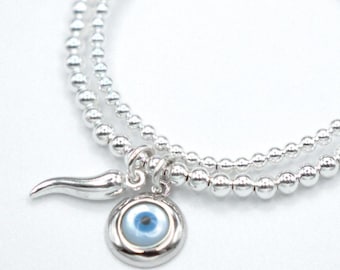 925 Sterling Silver Cornetto & Mother of Pearl Evil Eye Bracelet, Italian Horn Bracelet, Evil Eye, Malocchio Bracelet, Stacked Bracelets