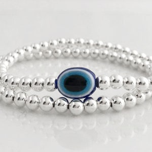 925 Sterling Silver Bracelet, Blue Evil Eye Charm, Evil Eye Bracelet, Stacked Bracelets, Evil Eye