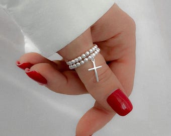 Anello elastico con ciondolo a croce in argento sterling 925, anello con ciondolo a croce, anelli sovrapposti, anelli da donna, anelli con ciondolo
