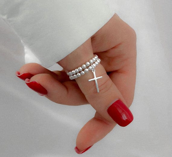 925 Sterling Silver Stretch Cross Charm Ring, Cross Charm Ring, Stacked Rings, Women's Rings, Charm Rings