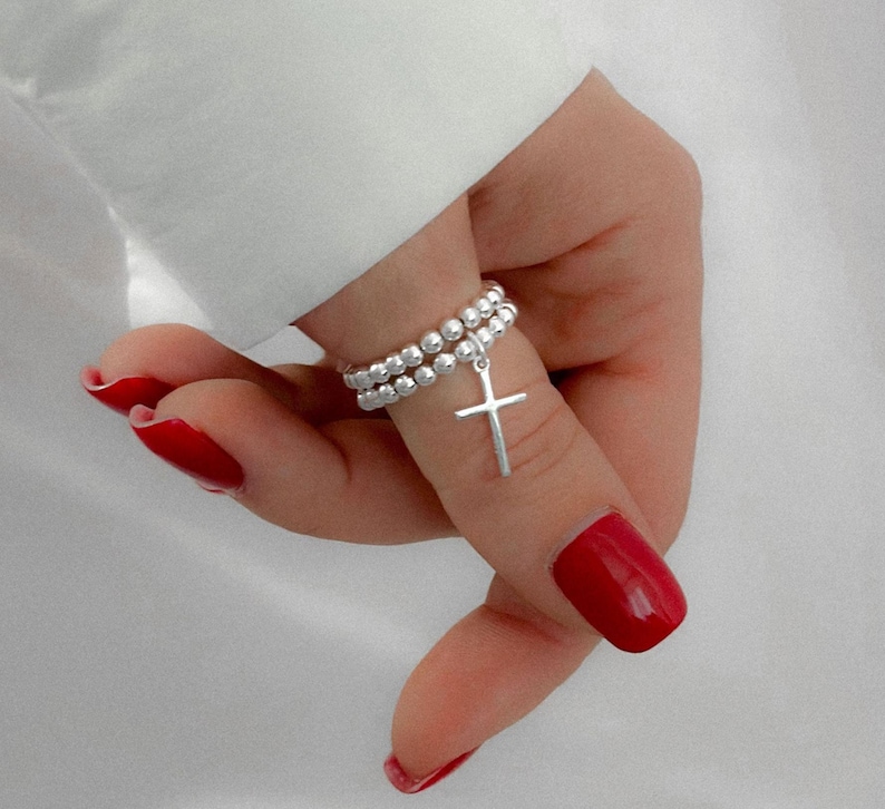 925 Sterling Silver Stretch Cross Charm Ring, Cross Charm Ring, Stacked Rings, Women's Rings, Charm Rings Stack of 2