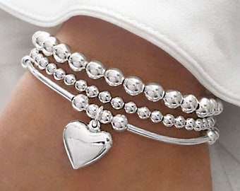 Bracciale tubolare in argento sterling 925 w, Bracciale elasticizzato in argento sterling, Bracciale cuore in argento, Bracciale cuore, Bracciali, Braccialetti impilati