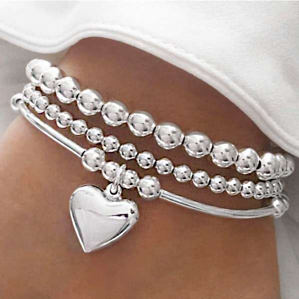 925 Sterling Silver Tube Bracelet w, Sterling Silver Stretch Bracelet, Silver Heart Bracelet, Heart Bracelet, Bracelets, Stacked Bracelets