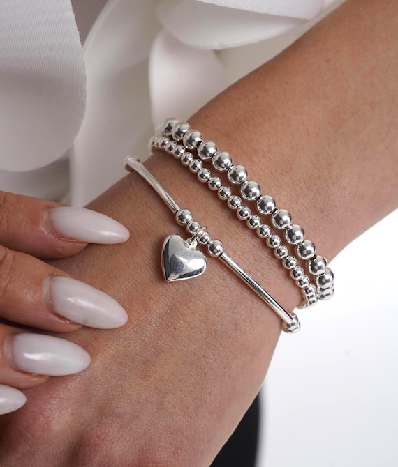 TATIANA☆[Silver925] Mini Heart Clear Beads Bracelet 925 Sterling Silver Tube Bracelet W Silver Heart, Sterling