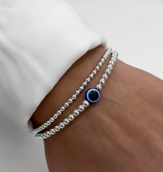 Sterling Silver Evil Eye Bracelet With Multi-Color Crystals - 7.5" Cable Chain, 10mm