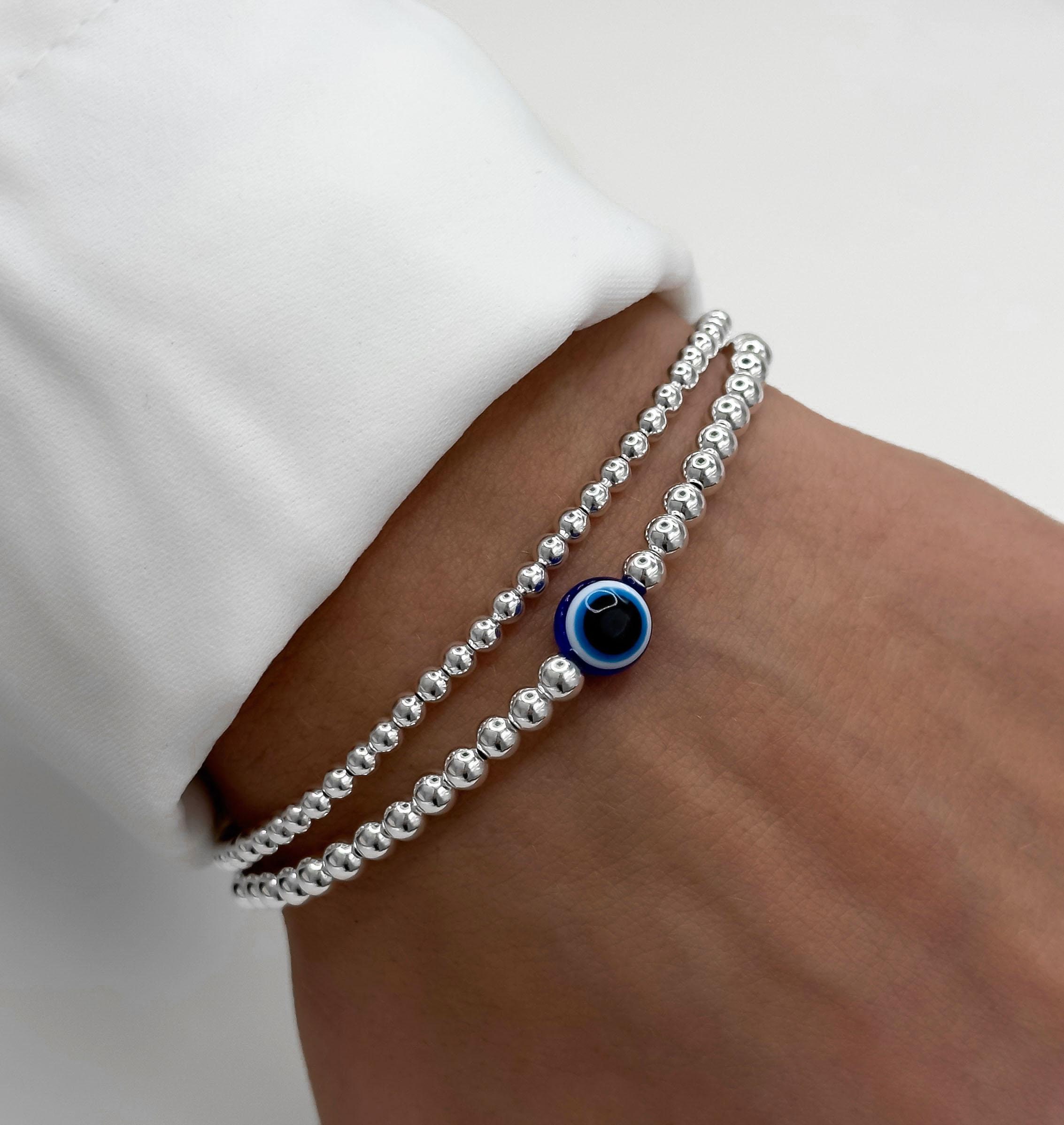 Navy Blue Enamel Evil Eye Bracelet in Sterling Silver