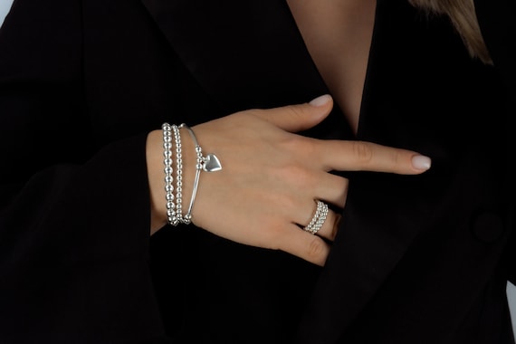 925 Sterling Silver Tube Bracelet W Silver Heart, Sterling
