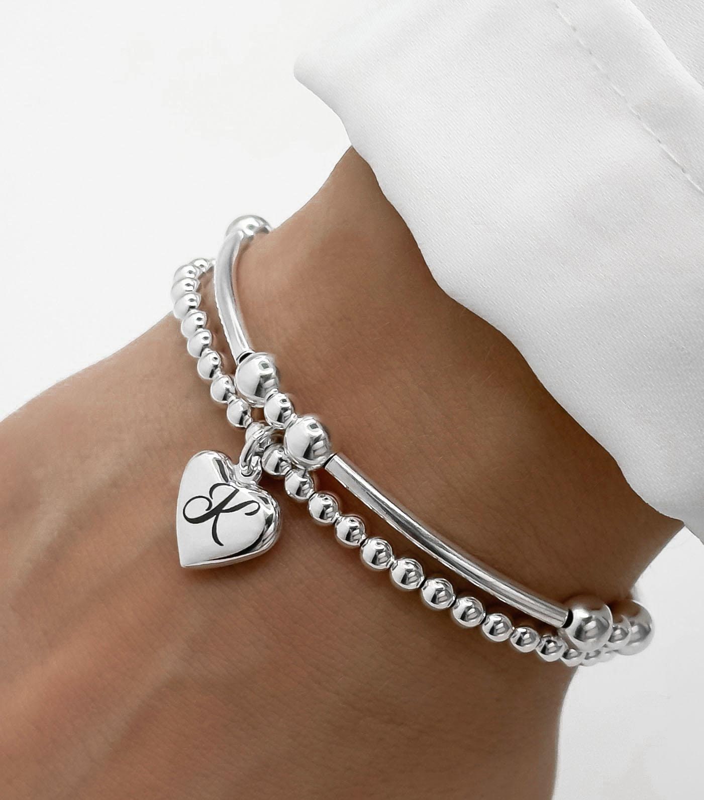 925 Sterling Silver Heart Laser Engraved Initial Bracelet, Engraved Heart Initial Sterling Silver Stretch Bracelet, Initial Bracelet