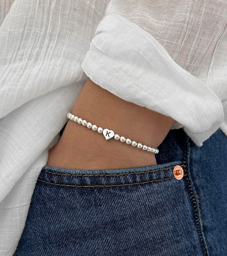 925 Sterling Silver Heart Initial Bracelet, Sterling Silver Stretch Bracelet, Initial Bracelet, Stacked Bracelets Heart Initial