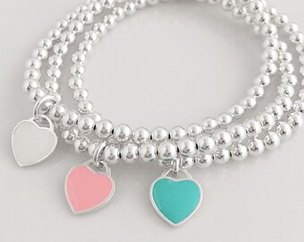 925 Sterling Silver Stretch Heart Charm Bracelets, Charm Bracelet, Hearts,Stacked Bracelets