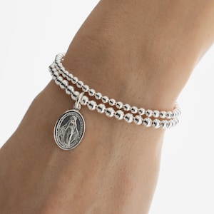 925 Sterling Silver Miraculous Medal Bracelet, Religious, Sterling Silver Bracelet, Beaded Bracelet, Stacked Bracelets