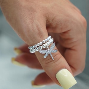 925 Sterling Silver Stretch CZ Dragonfly Charm Ring, Charm Ring, Sterling Silver Ring
