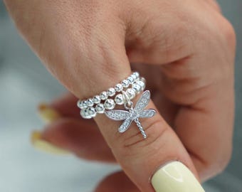 925 Sterling Silver Stretch CZ Dragonfly Charm Ring, Charm Ring, Sterling Silver Ring