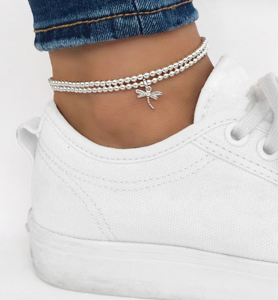 925 Sterling Silver Stretch Dragonfly Anklet Sterling Silver Anklet Ankle Bracelet Silver Dragonfly Anklet