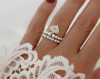 925 Sterling Silver Stretch Charm Ring, Filigree Heart Charm Ring,Heart Charm, Womens Rings, Charm Rings